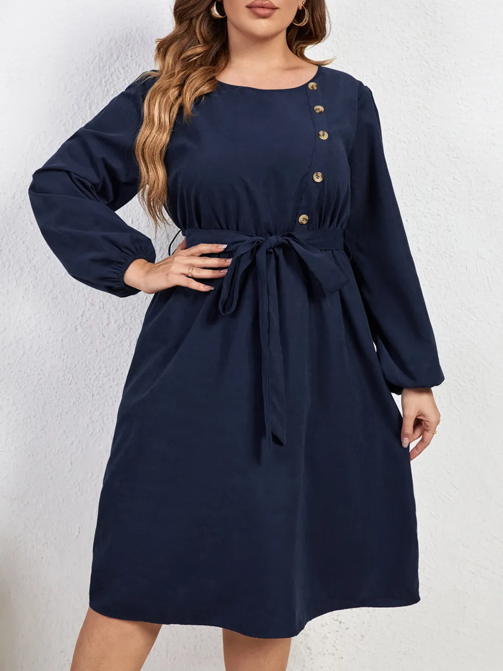 Solid Color Large Size Loose High Waist Tie Round Neck Dress