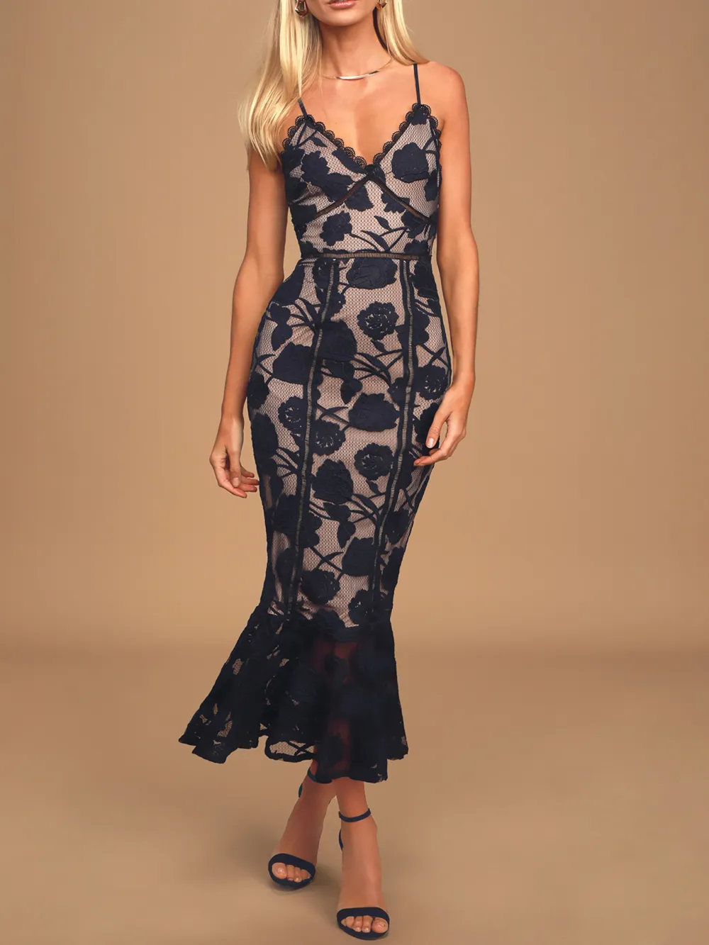 Navy Blue Floral Mesh Lace Trumpet Midi Dress