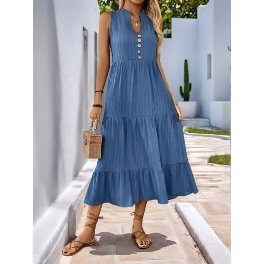 Perfee Decorative Button Notched Sleeveless Tiered Dress