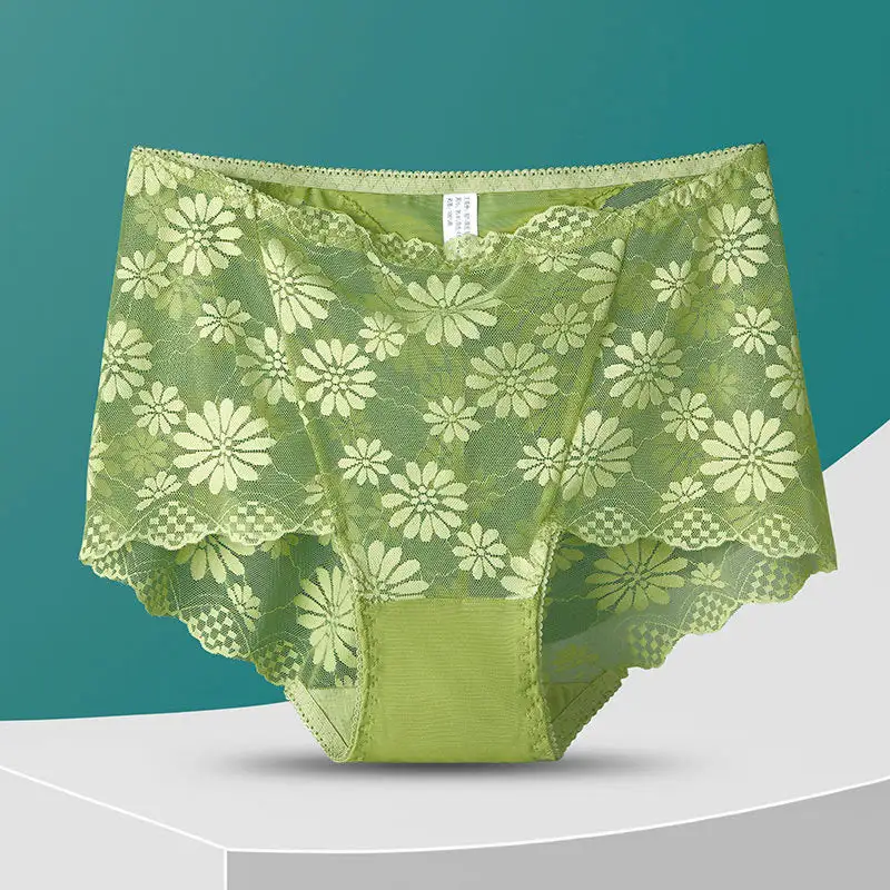 Plus Size High Waist Lace Trim Breathable Panty