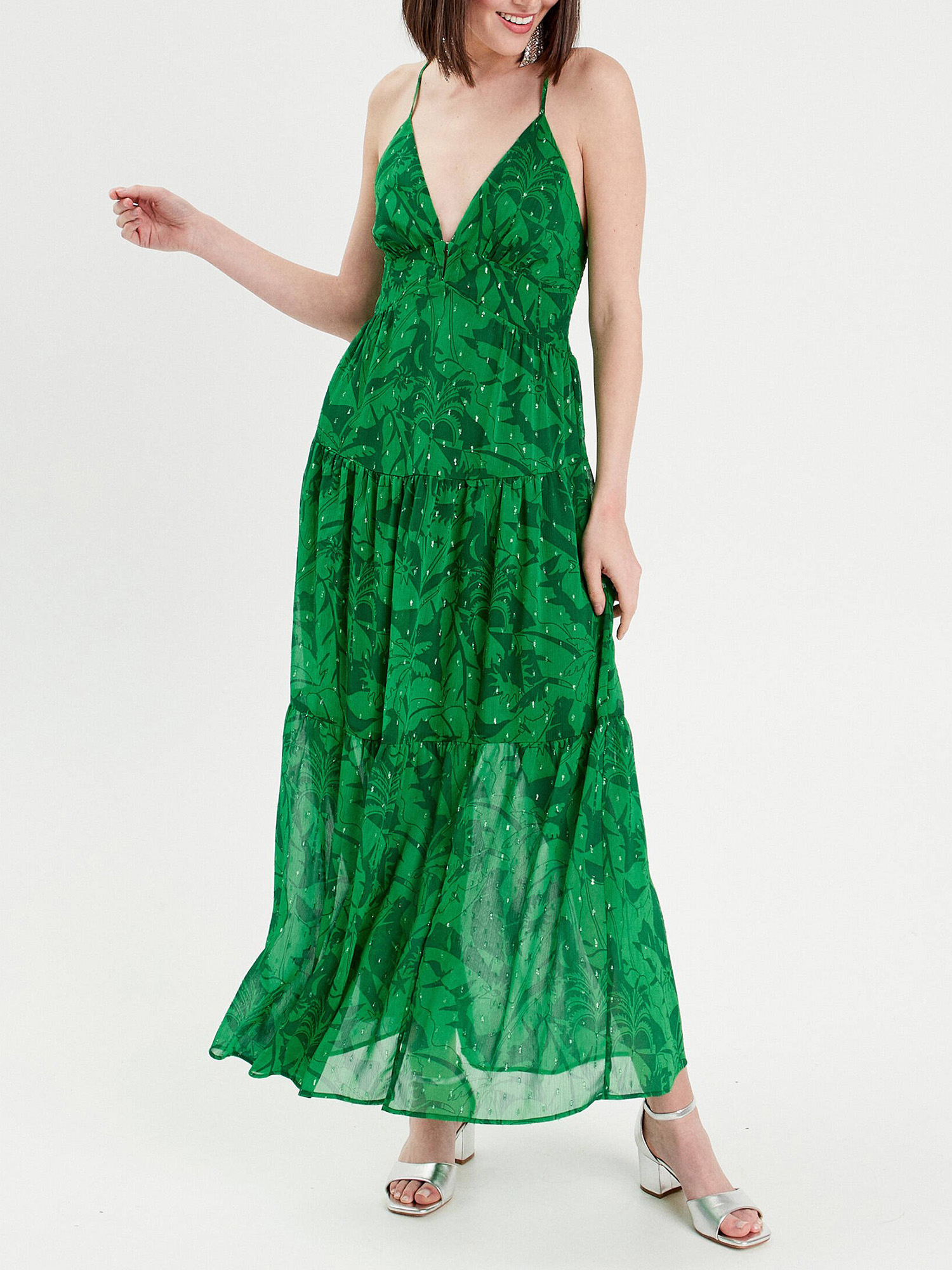 Robe longue évasée bretelles vert femme