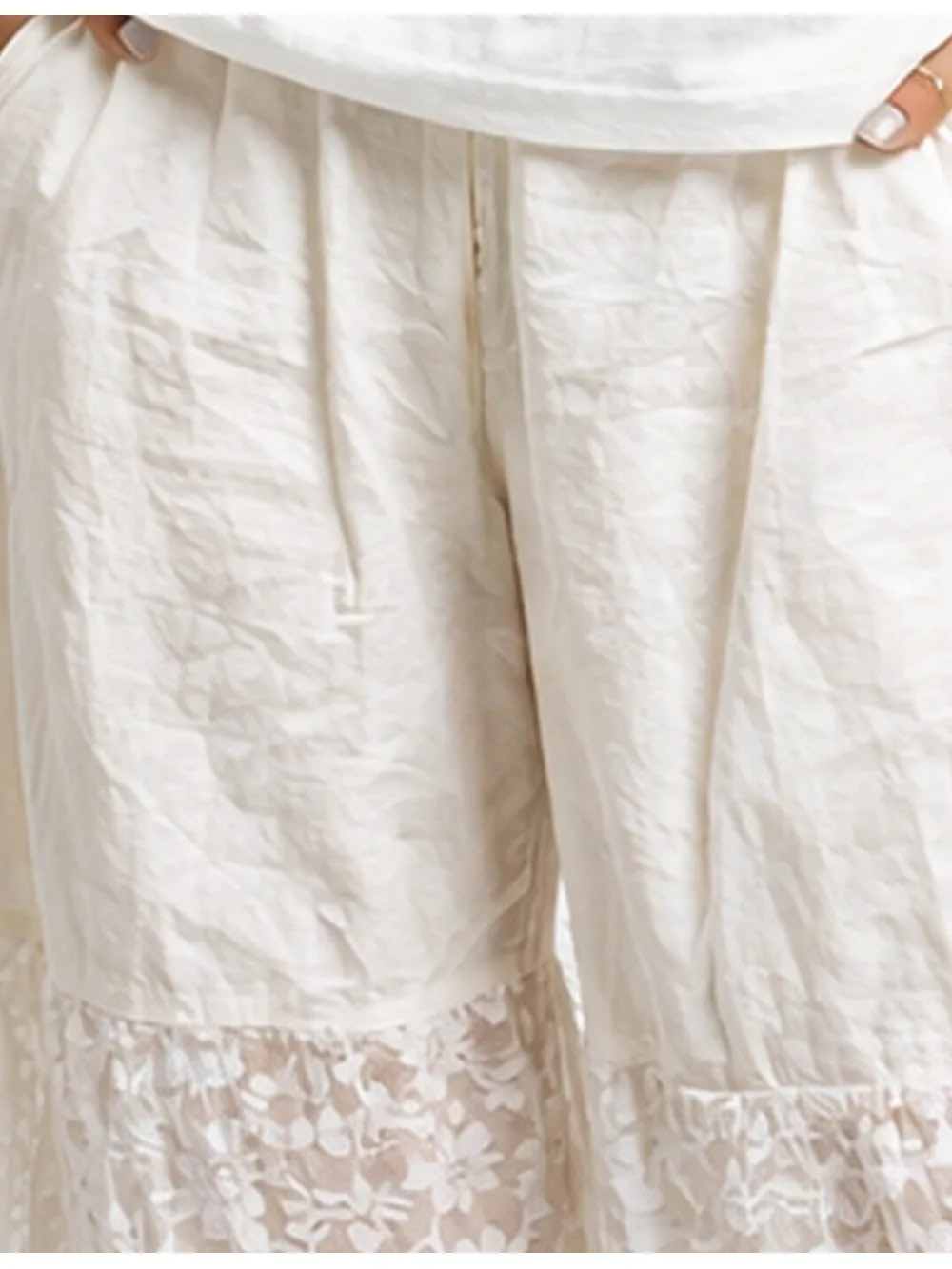 Elastic Waist Lace Panel Wide Leg Pants