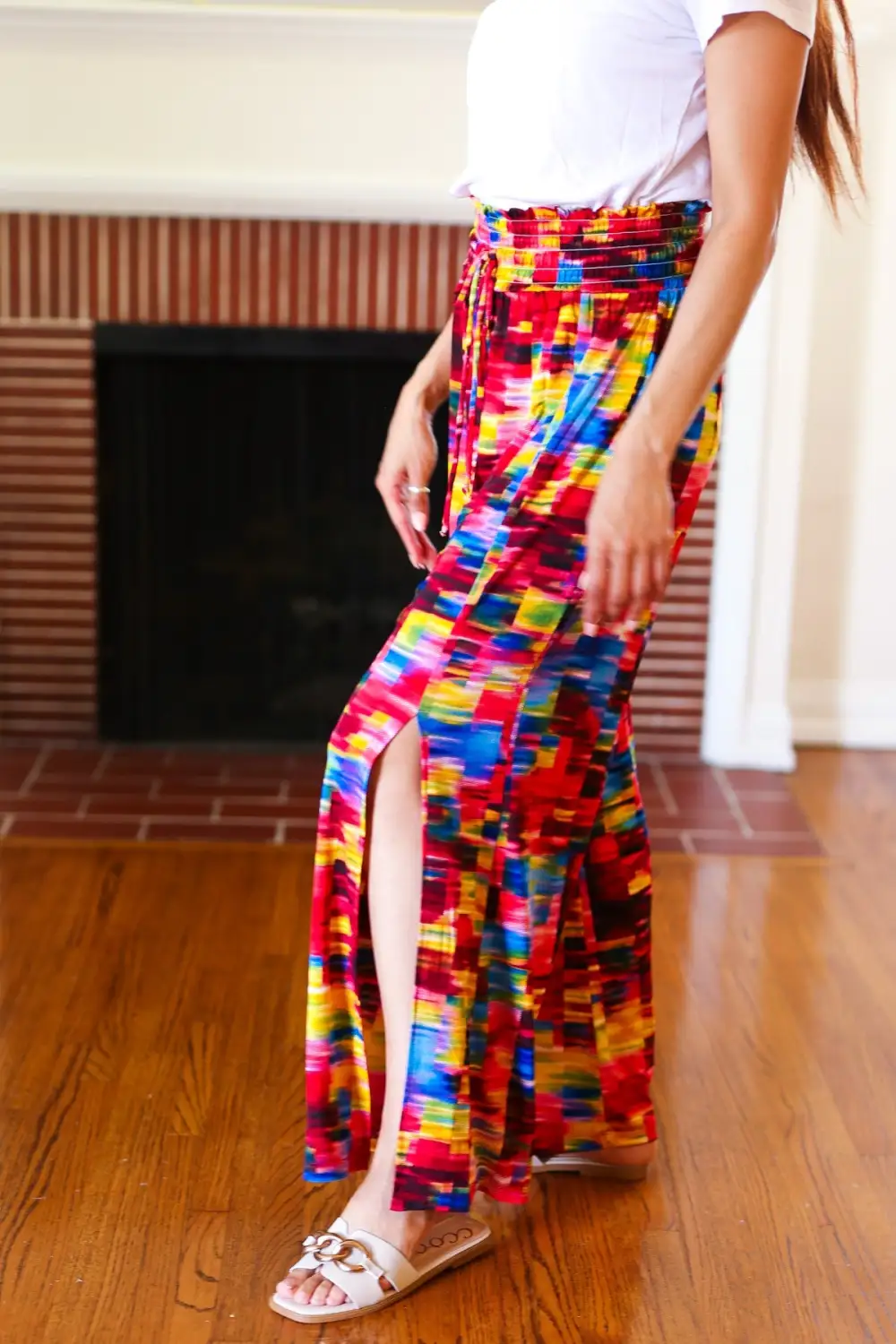 Kaleidoscope Smocked Waist Side Slit Palazzo Pants