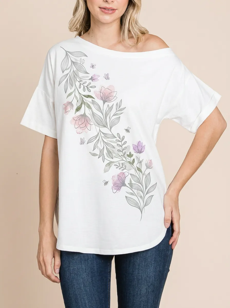 Women's Floral Nature Lover Watercolor Flower Bee Printed T-shirt