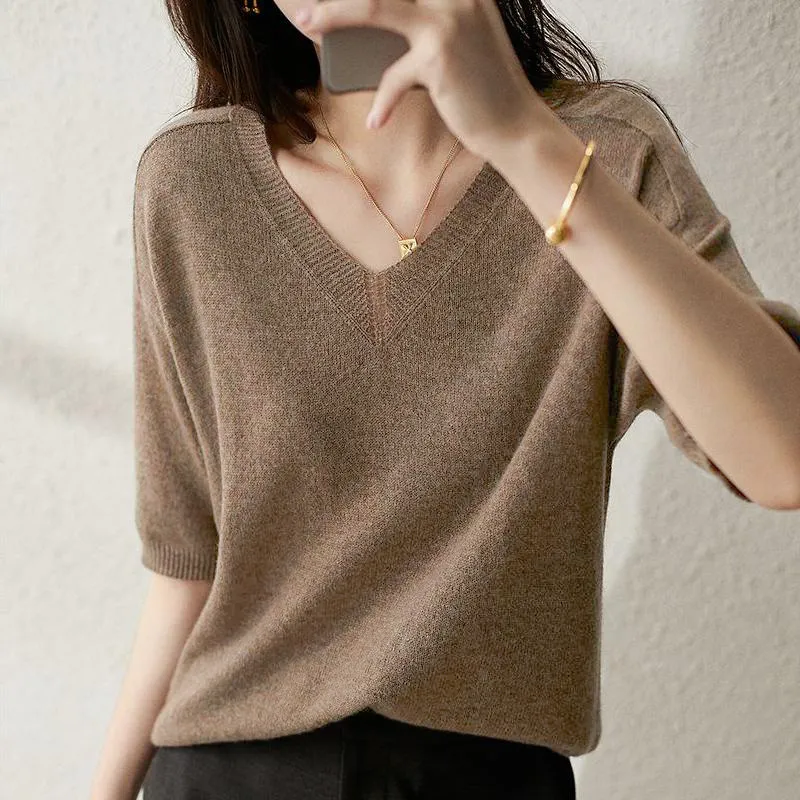 Loose Solid Color Half Sleeve Knitted Sweater