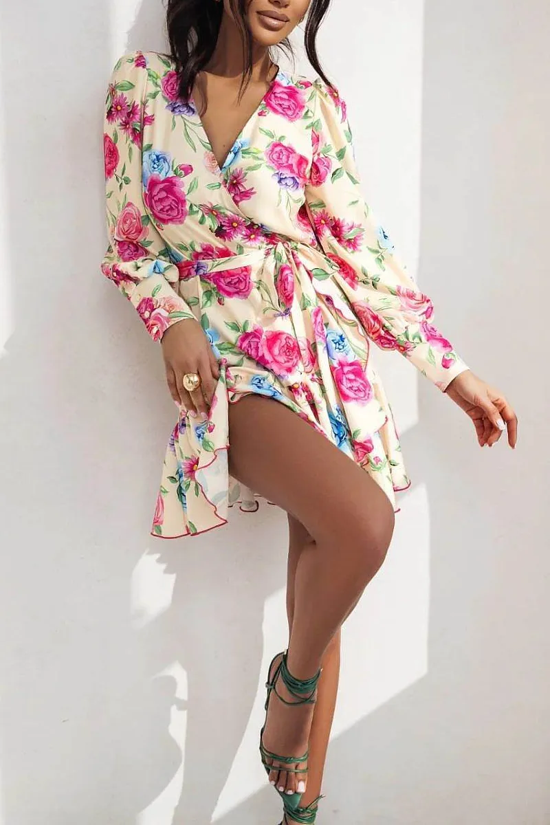 Short Wrap Dress With Sweetheart Neckline, Waist Tie And Ruffle Hem