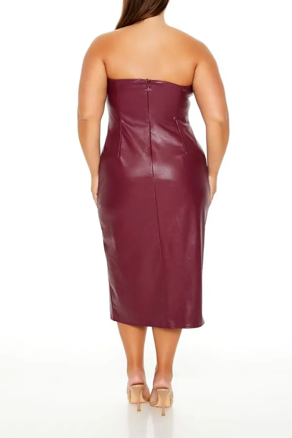 Plus Size Faux Leather Tube Midi Dress