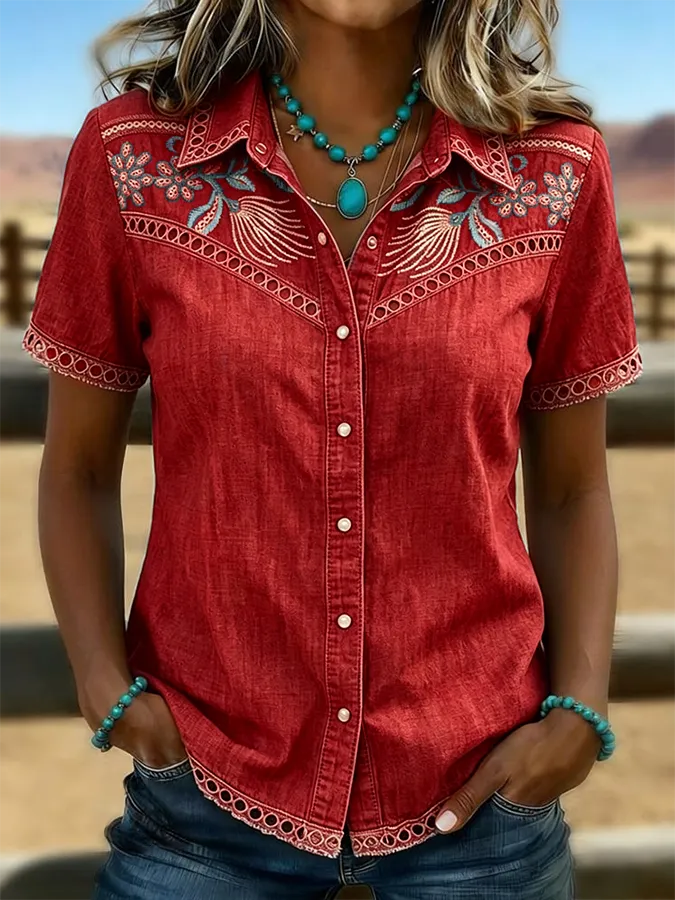 Women's Vintage Floral Art Print Hollow Patchwork Casual Shirt