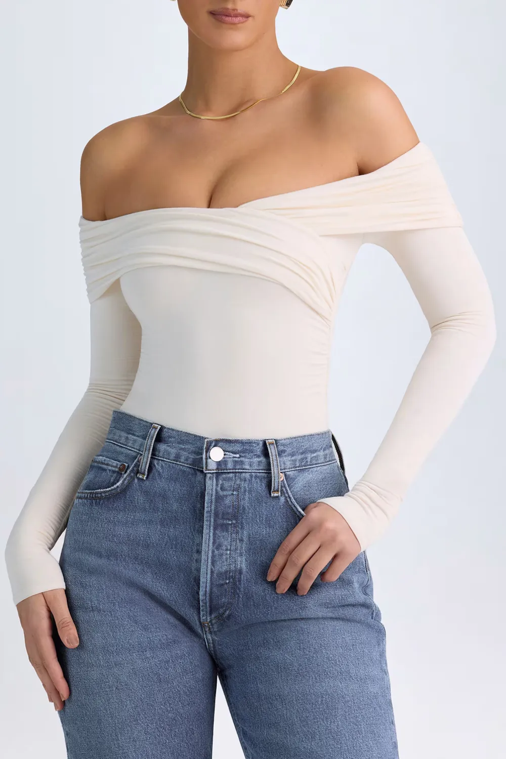 Long Sleeve Off Shoulder Ruffled Women's Fitted Bodysuit