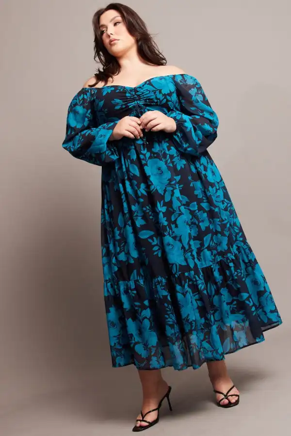 Black Floral Midi Dress Long Sleeve Ruched Front