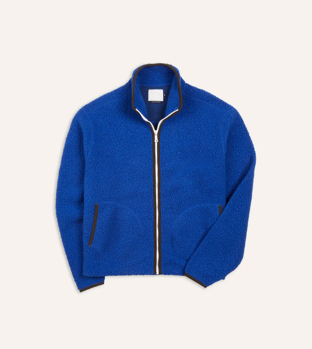 Casual Style Blue Boucle Wool Zip Fleece Jacket