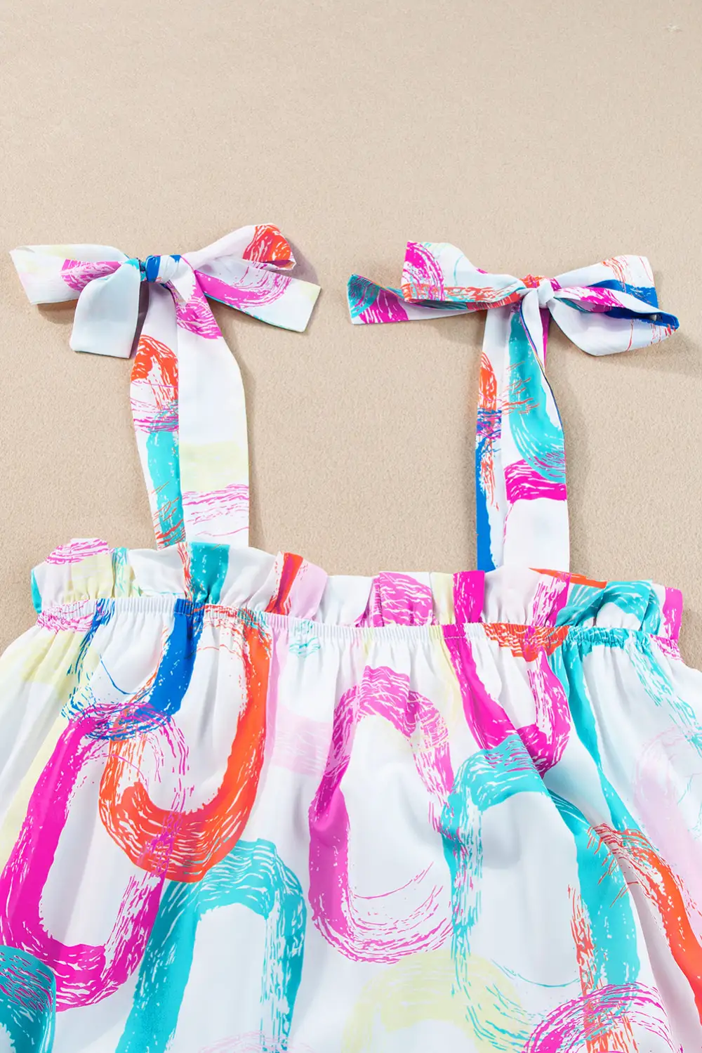 White Abstract Print Knot Straps Frill Mini Dress