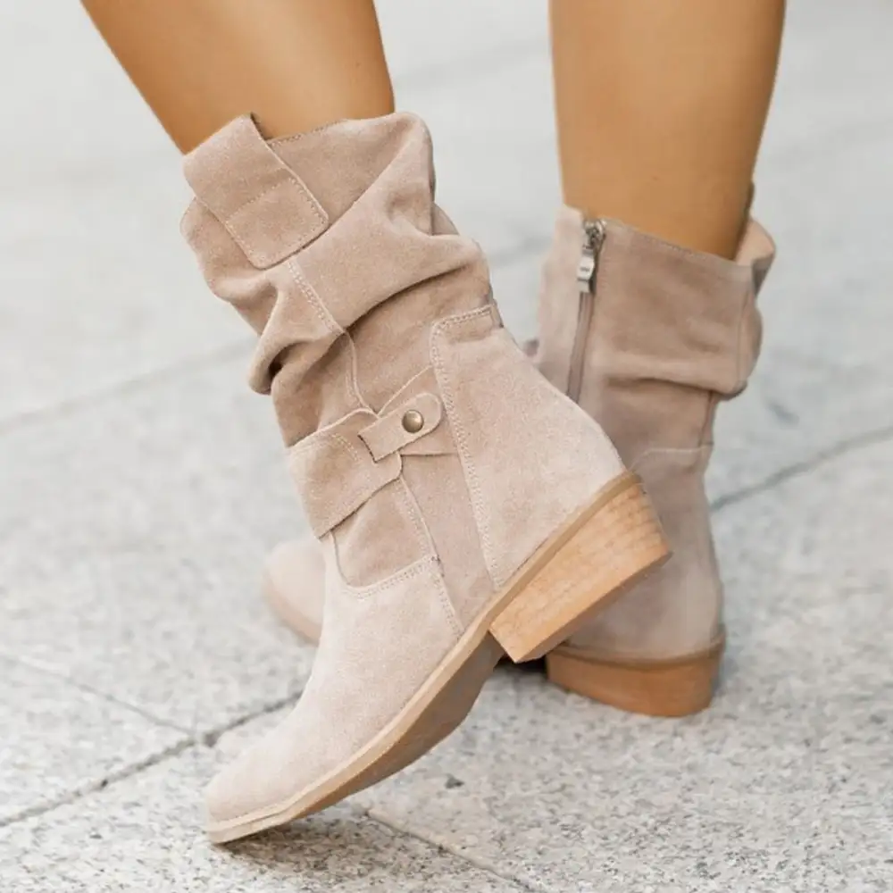 Faux Suede Low-Heel Mid-Calf Slouch Boots