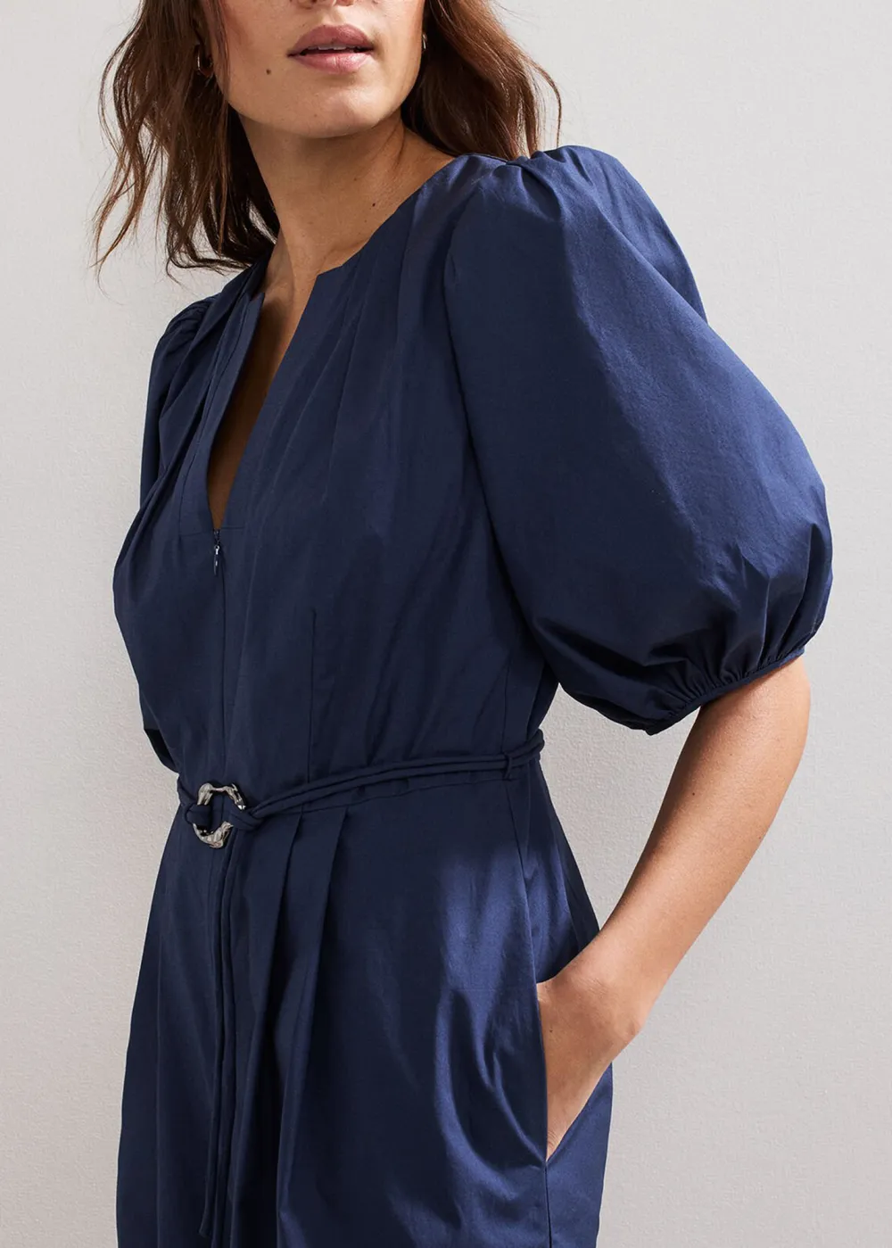 Casual And Versatile Navy Blue Puff Sleeve Women's Jumpsuit