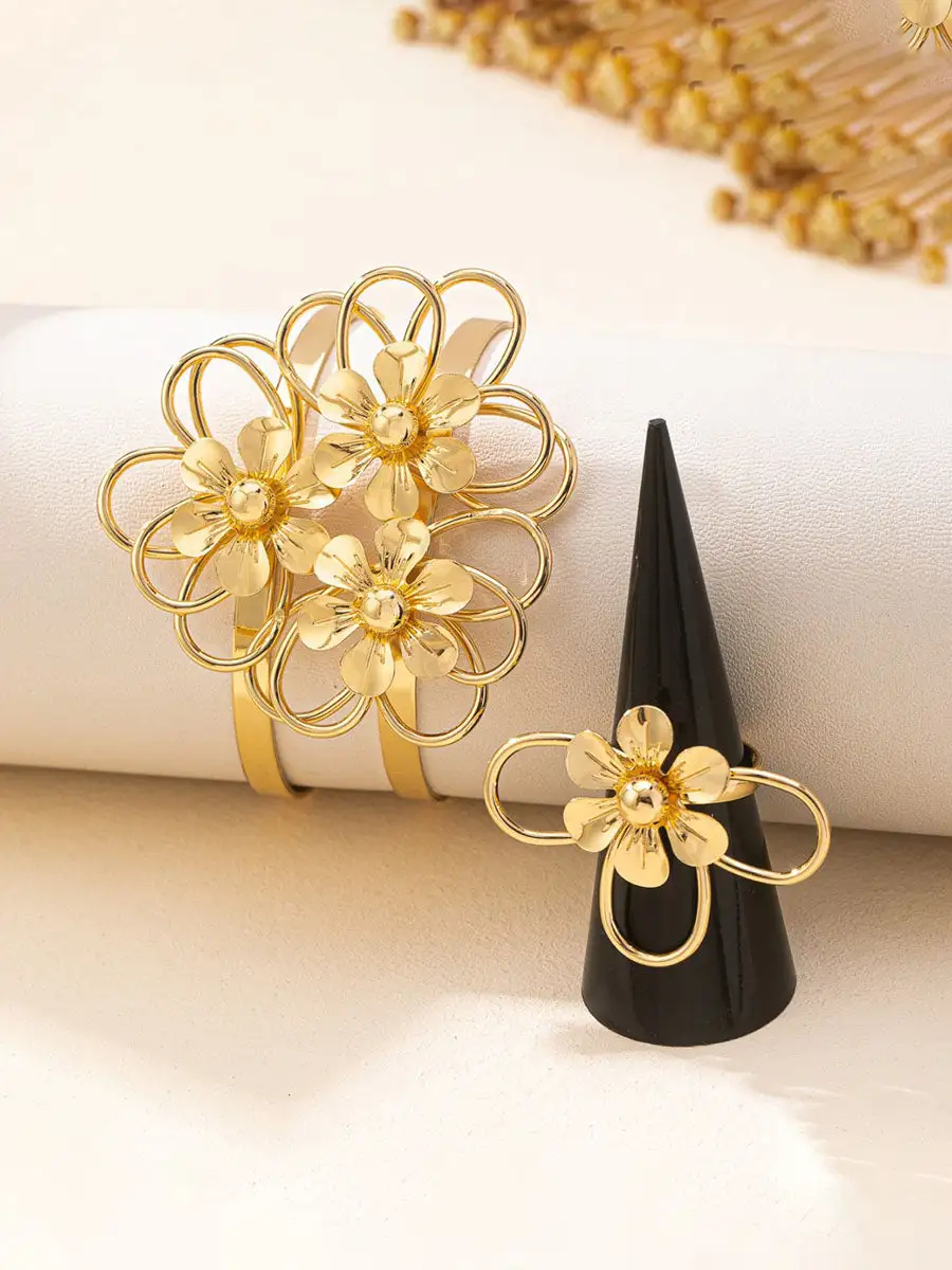 Floral Cutout Bracelet And Bracelet And Ring Set