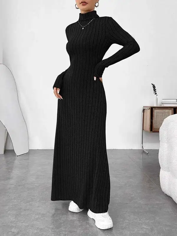 Split Pleated Long Neck Maxi Dress
