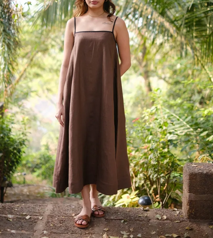 Walnut Brown Linen Flowy Maxi Dress