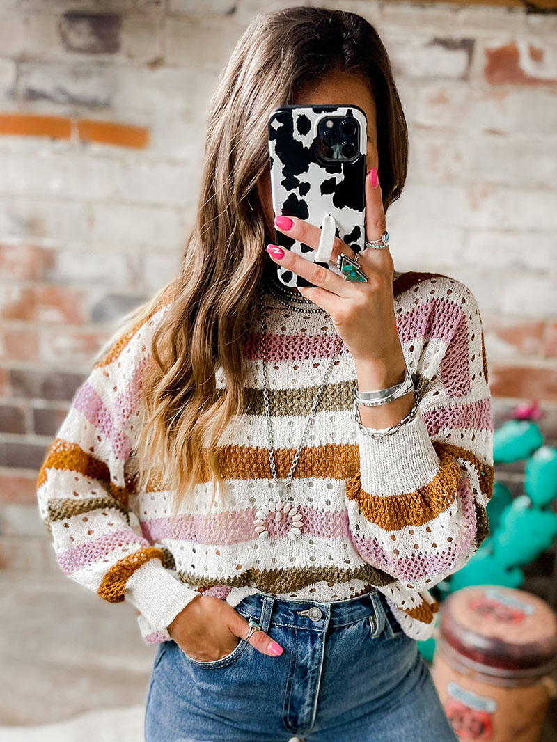 Multicolor Striped Hollowed Knitted Loose Sweater