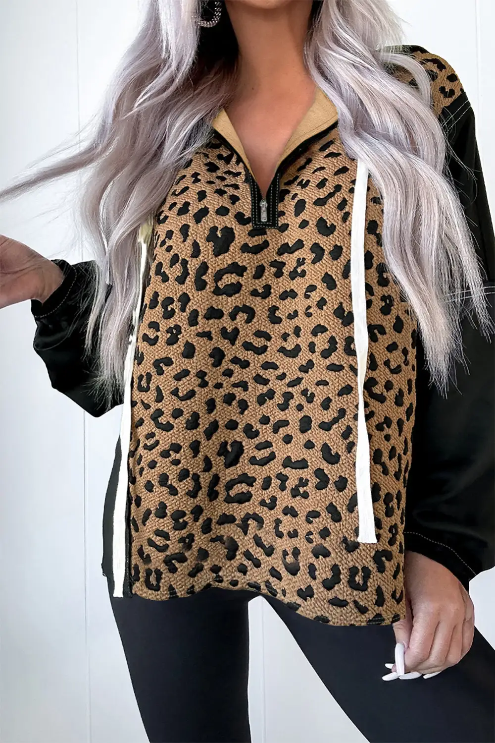 Leopard Print Patchwork Zip Detail Hoodie