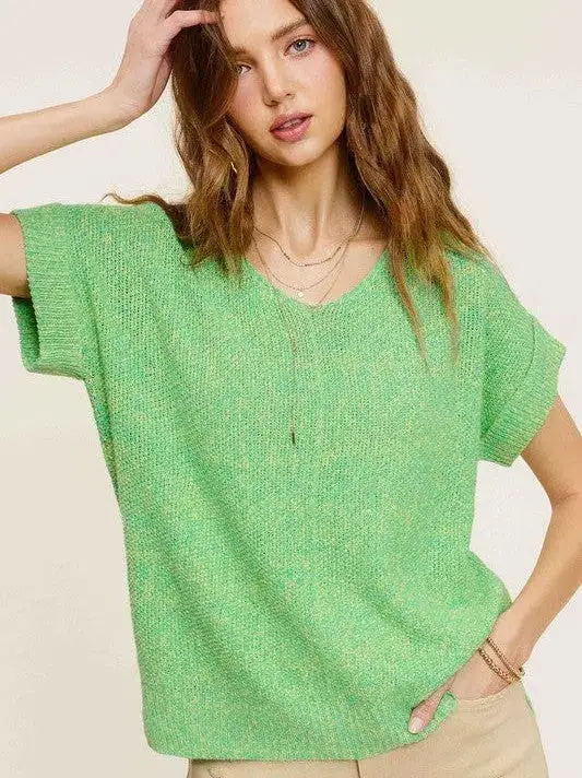 Classy and Fabulous Soft V-Neck Short Sleeve Sweater Top