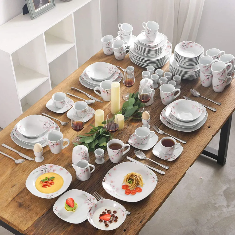 VEWEET, Series Fiona, 100-Piece Plates and Bowls Sets for 12, Including Porcelain Dishes Sets, Bowls, Mugs, Egg Cups, Cup and Saucer Set, Milk Jug and Sugar Pot Set, Microwave and Dishwasher Safe