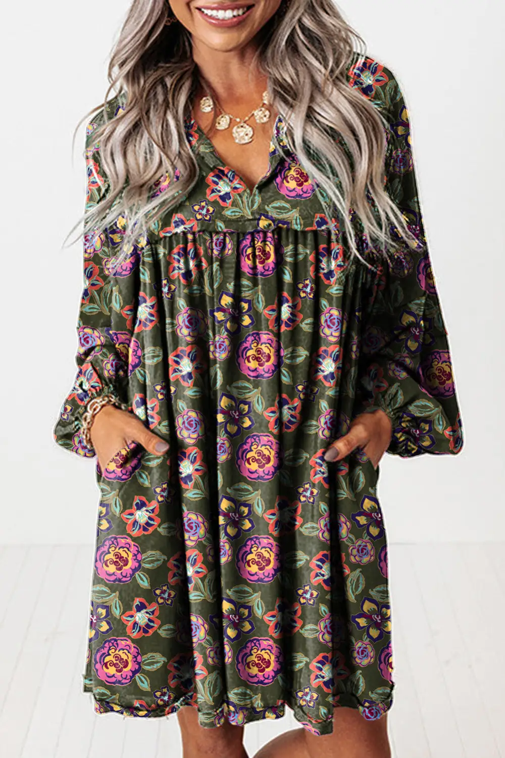 Soft Everyday Split Neck Bubble Sleeve Shift Mini Dress