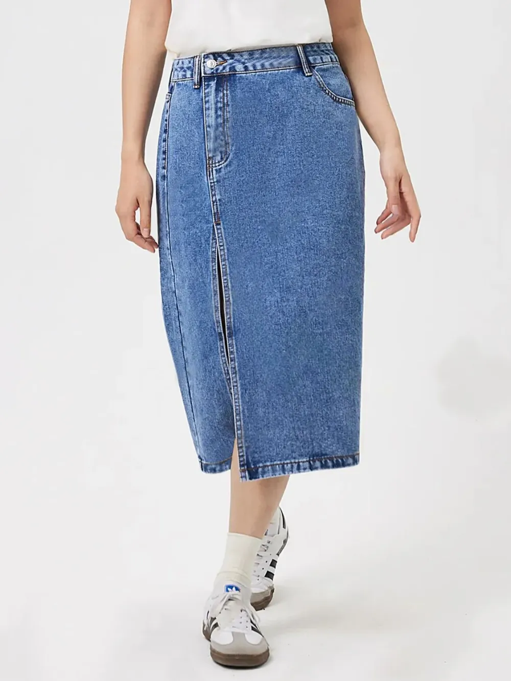 Slit Midi Denim Pockets Skirt
