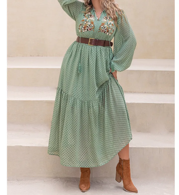 Plus Size Tassel Tie Neck Long Sleeve Midi Dress