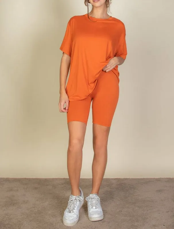 Orange Loose Fit Top and Bike Shorts Set