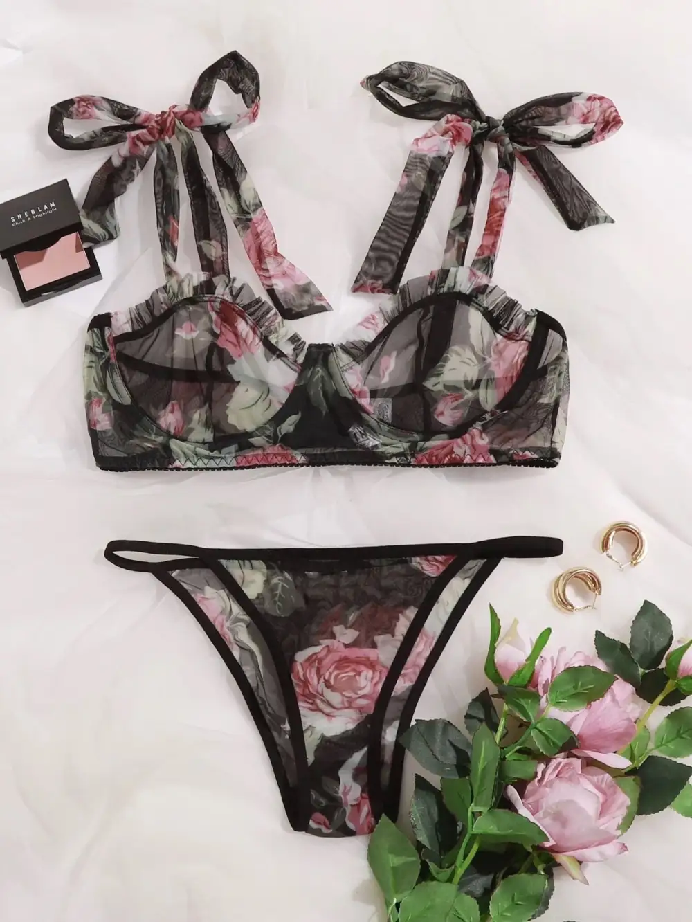 Bow Detail Mesh Lingerie Set
