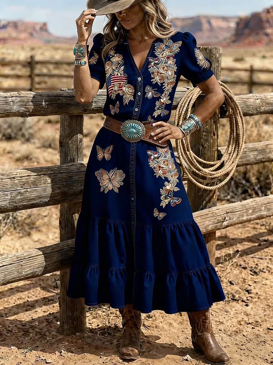 Women's Western Butterfly Embroidered Patchwork Denim Maxi Dress