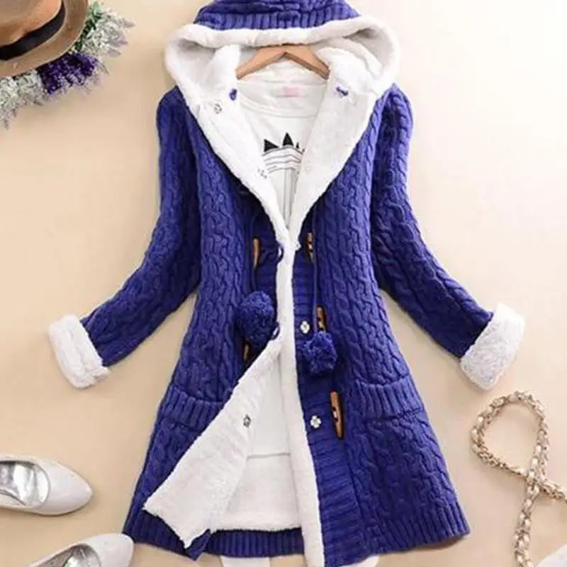 Women's Plush Hooded Knit Cardigan Coat with Buttons and Pockets in 6 Colors S-5XL