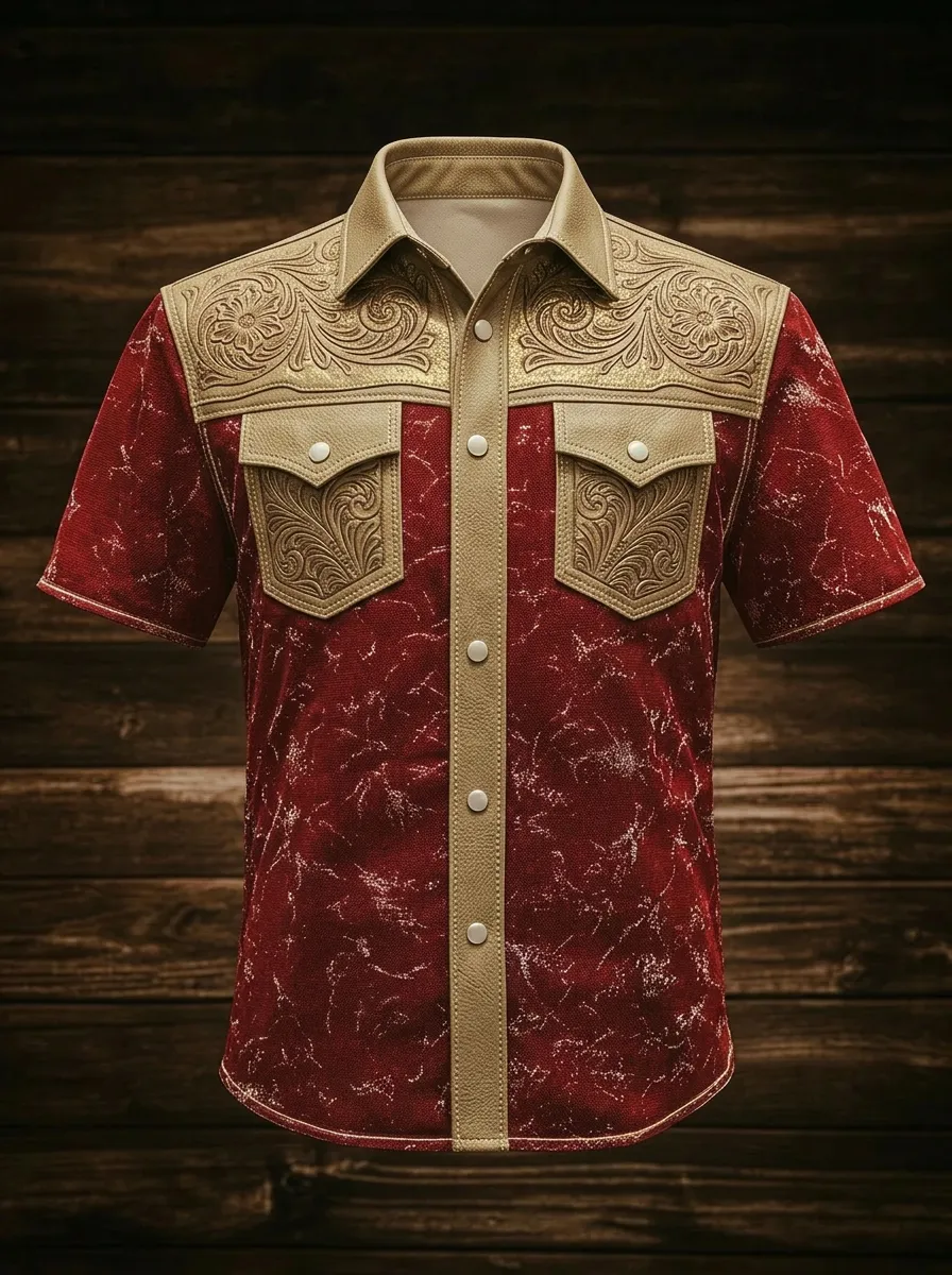 Men's Western Cowboy Floral Tooled Leather Printed Shirt