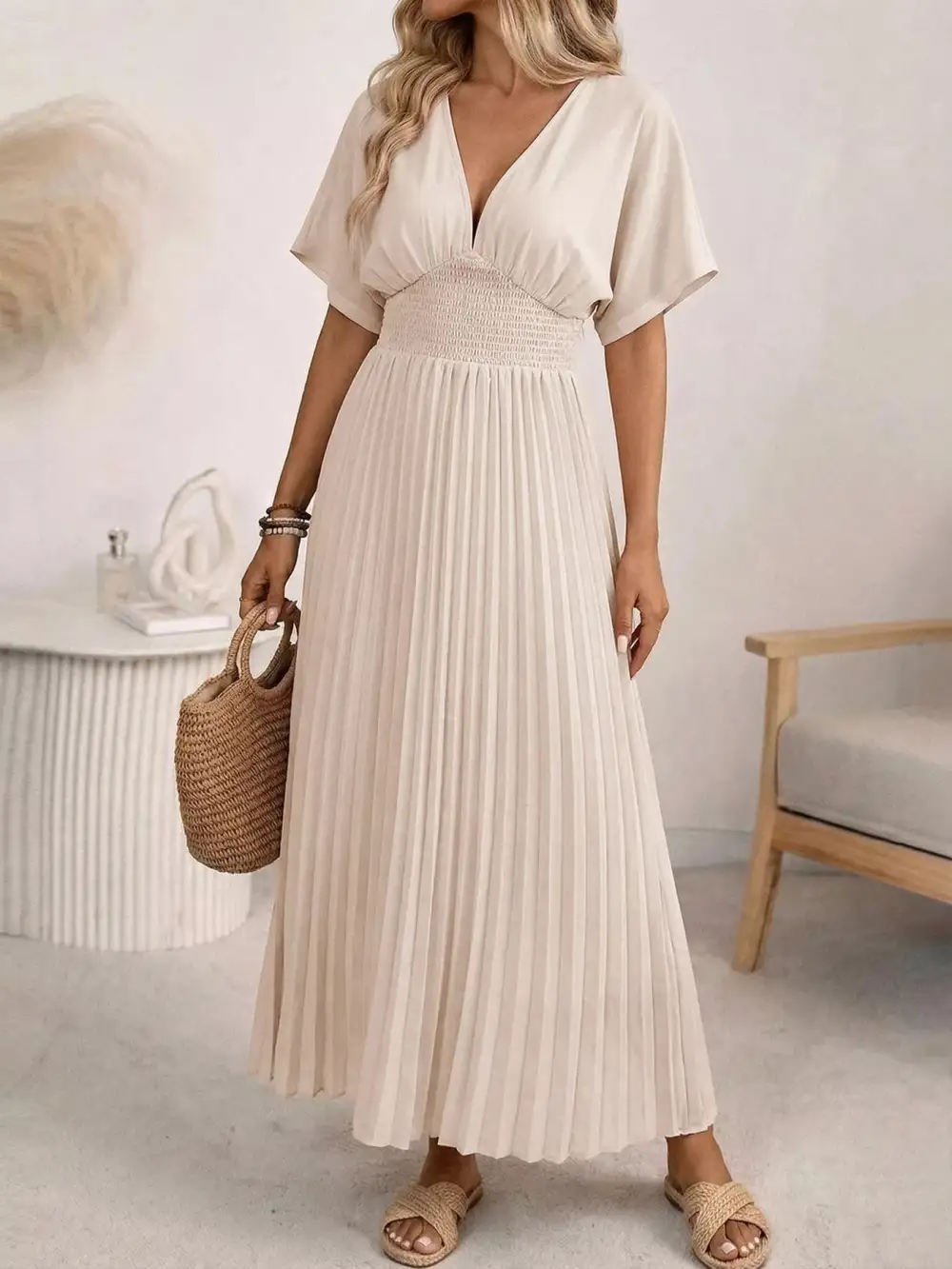 Pleated V-Neck Midi Dress