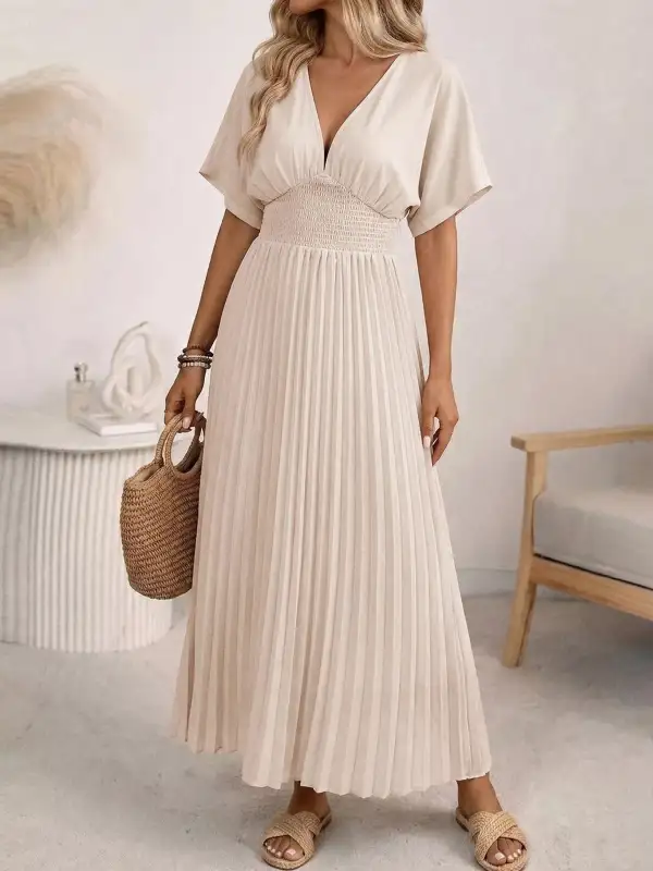 Pleated V-Neck Midi Dress