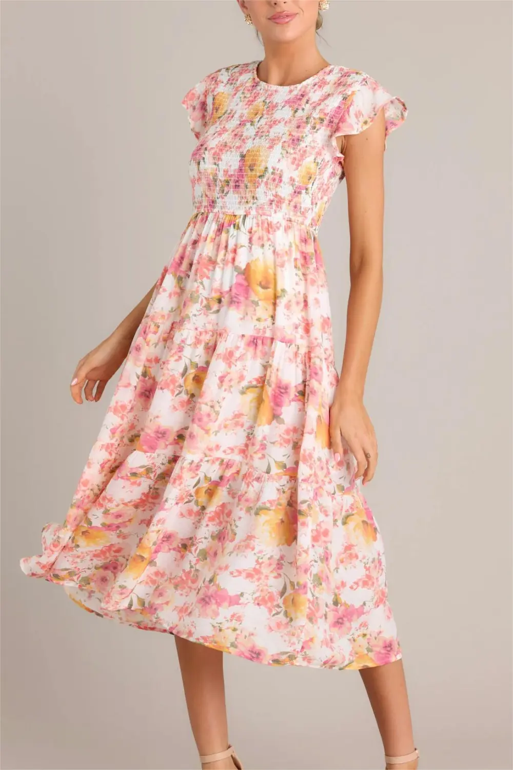 PETAL POWER PINK FLORAL SMOCKED MIDI DRESS