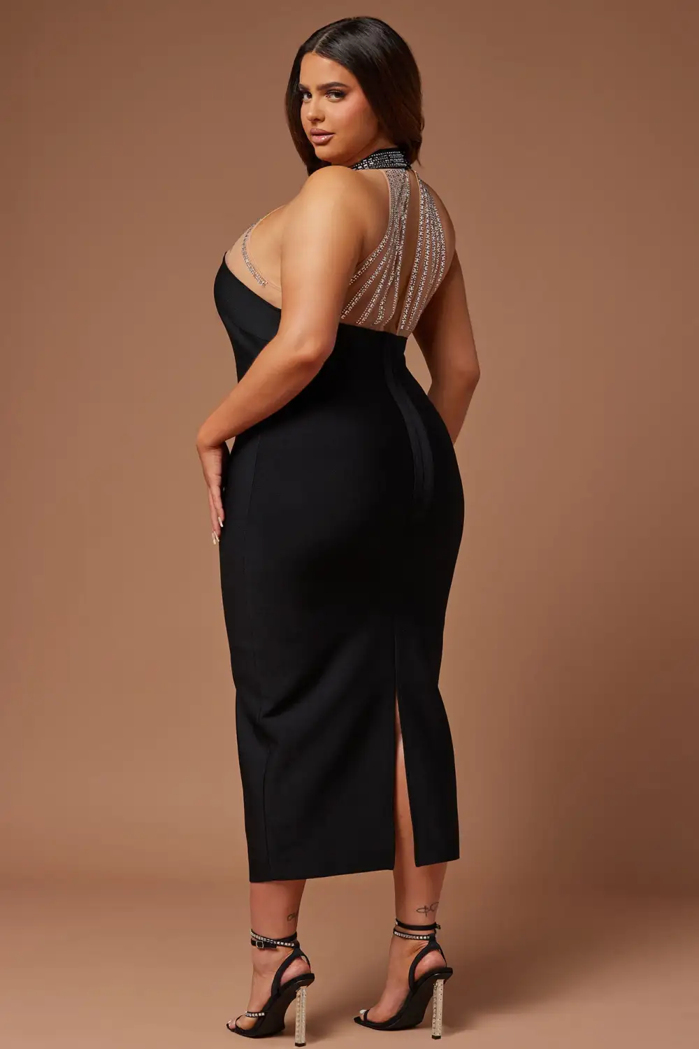 Lina Embellished Bandage Midi Dress - Black