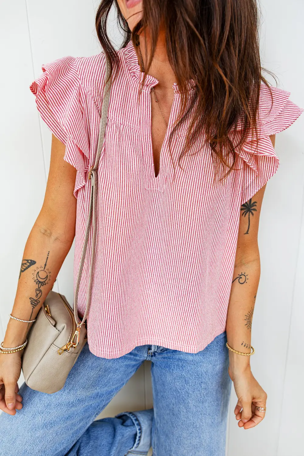 Red Stripe Frilly Split Neck Double Ruffled Short Sleeve Blouse
