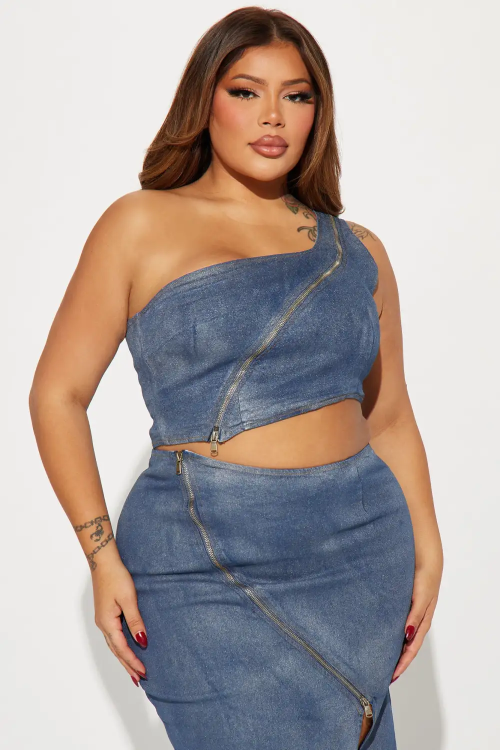 Alessa Glitter Metallic Denim Skirt Set - Medium Wash