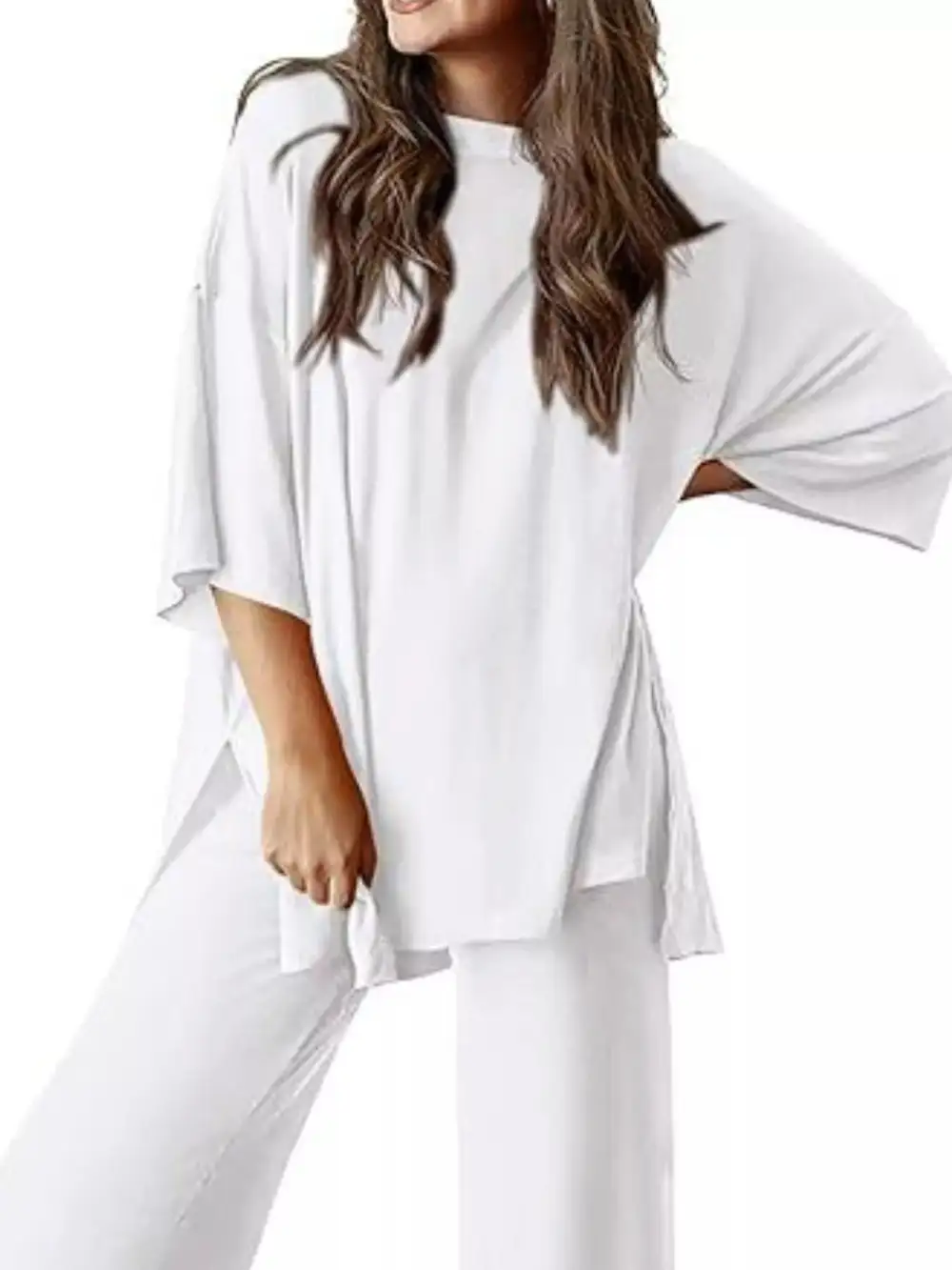 Relaxed Fit Round Neck Top and Pants Two Piece Set