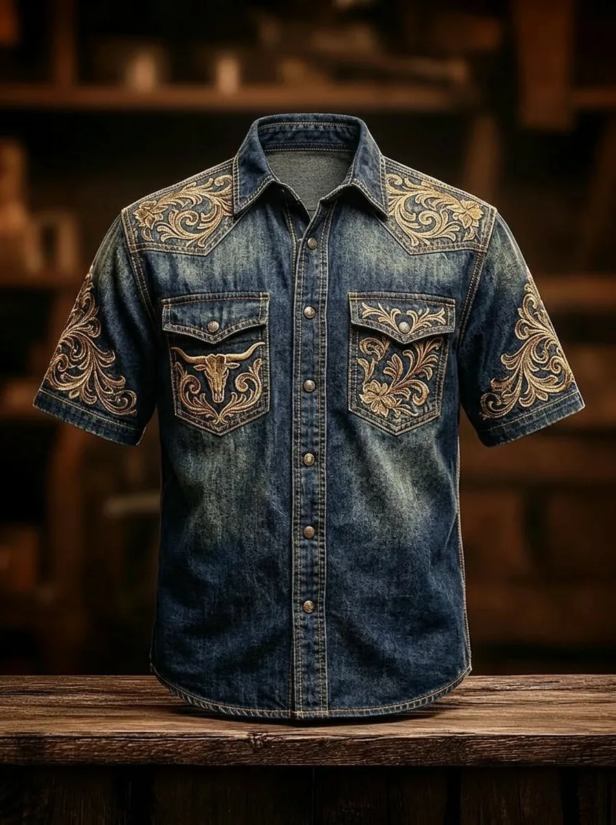 Men's Western Cowboy Bull Skull Floral Printed Denim Shirt