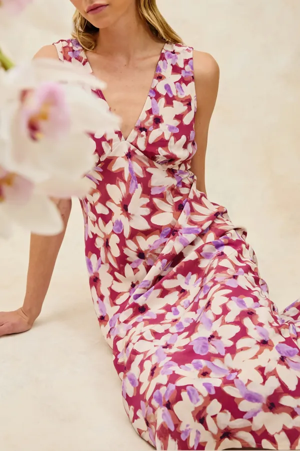 Purple-Red Floral Print Fitted Dress With A Waistline