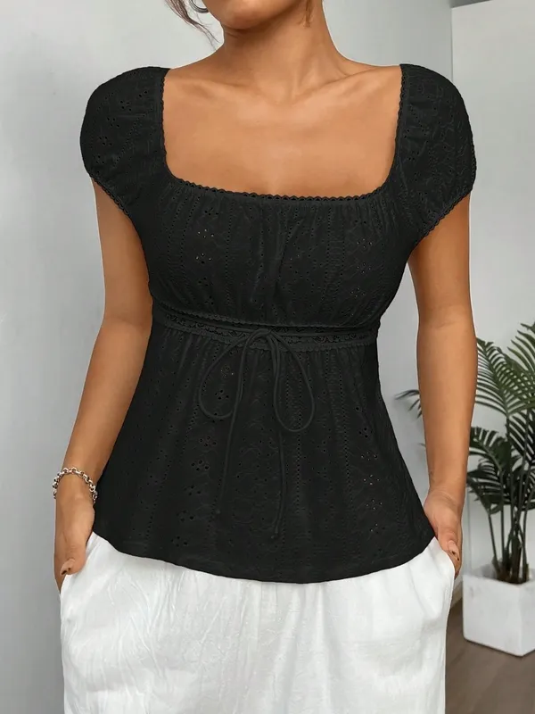 Ruffle Drawstring Eyelet Blouse