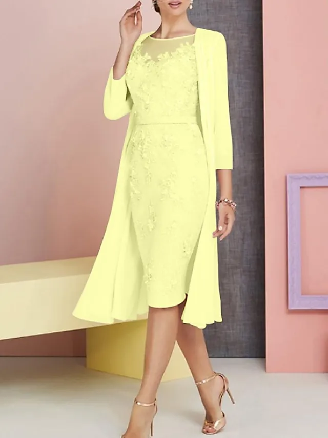 Two Piece Sheath Mother of the Bride Dress Pink Wedding Guest Church Elegant Vintage Plus Size Bateau Neck Knee Length Chiffon Lace 3/4 Length Sleeve Jacket Dresses with Appliques 2024