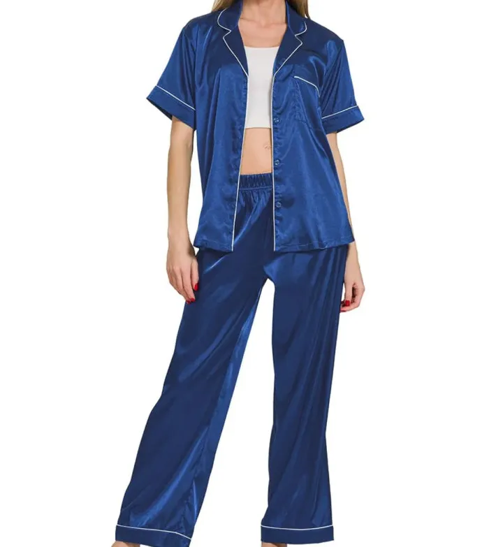 Satin Short Sleeve Top and Pants Pajama Set