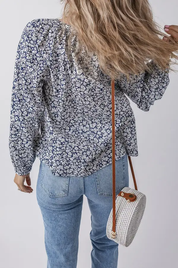 Floral V-Neck Notched Neck Blouse