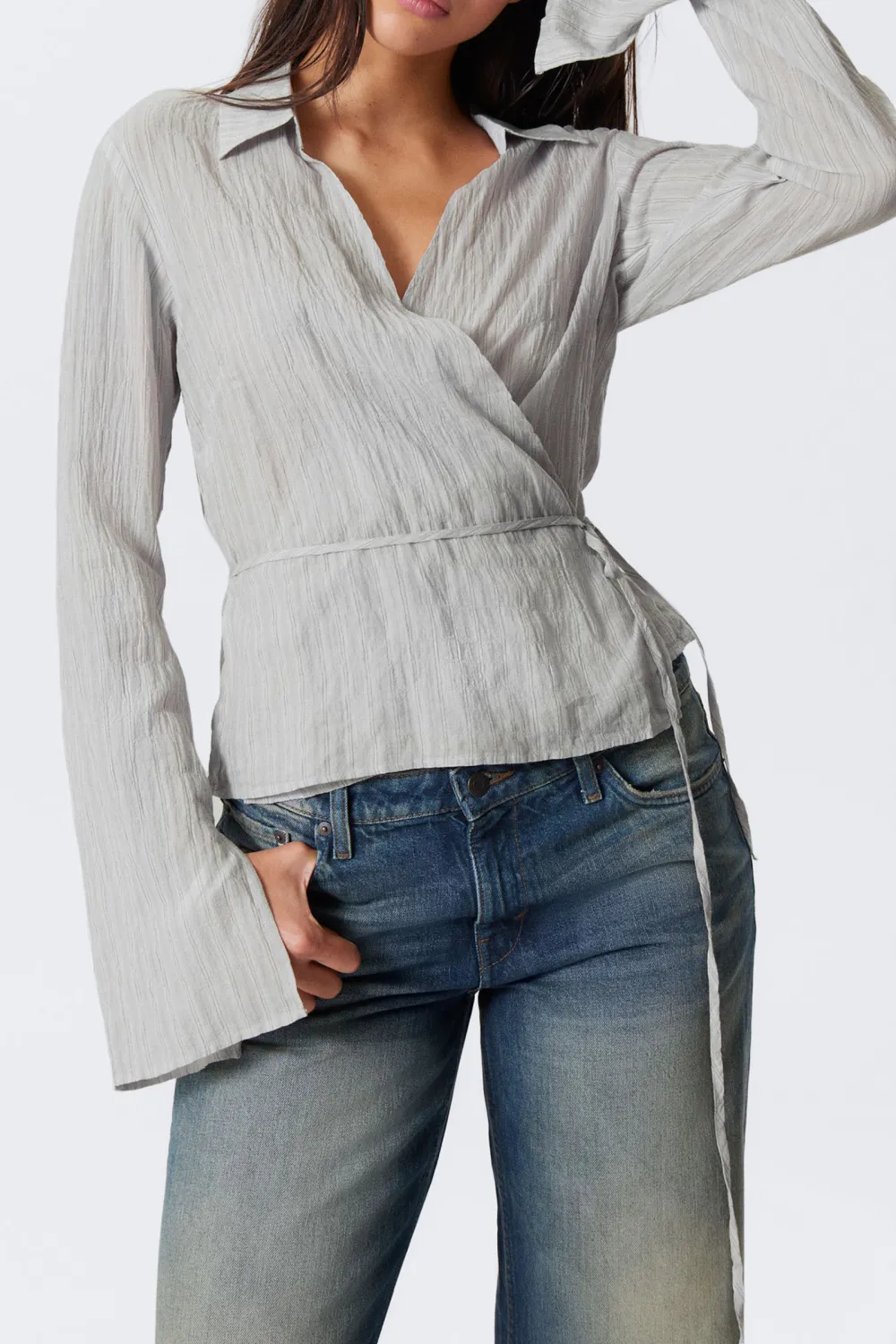 Textured Tied Long Sleeve Blouse