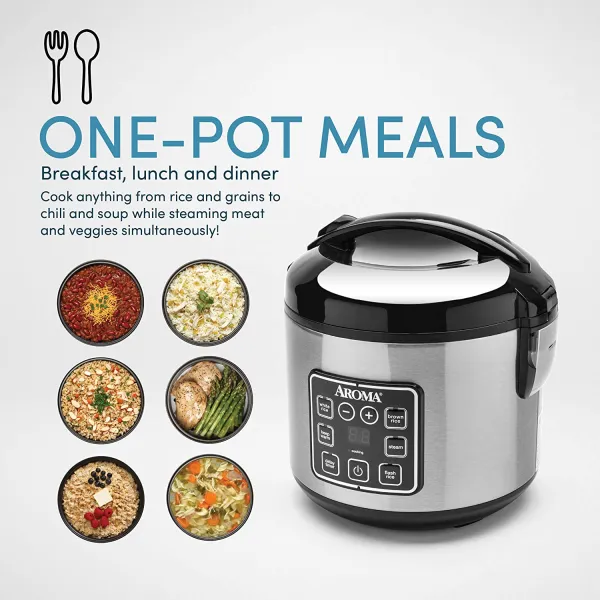 Rice Grain Cooker and Food Steamer, Stainless, Silver, 4-Cup (Uncooked) / 8-Cup (Cooked)