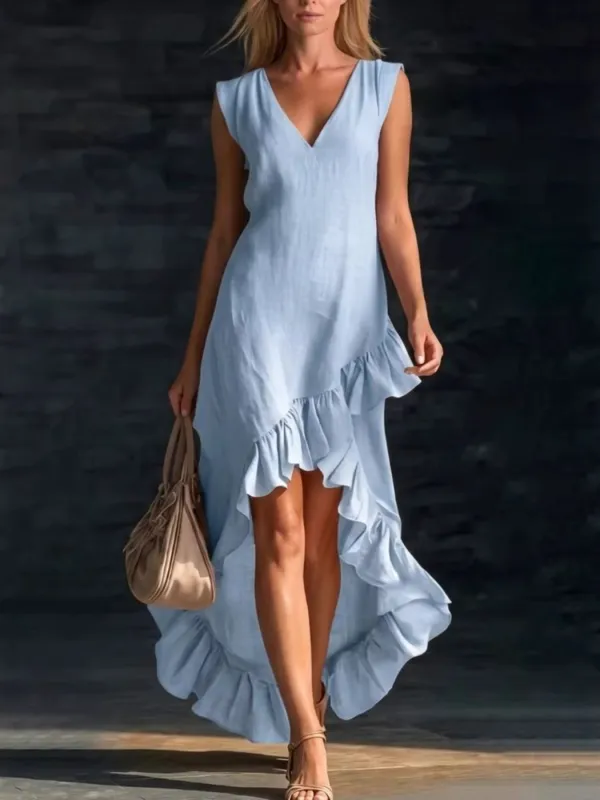 Structured Shape V Neck Ruffle Sleeveless Dress