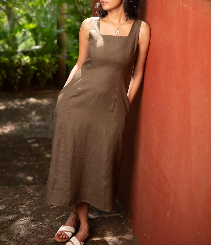Olive Linen Square-Neck Midi Dress